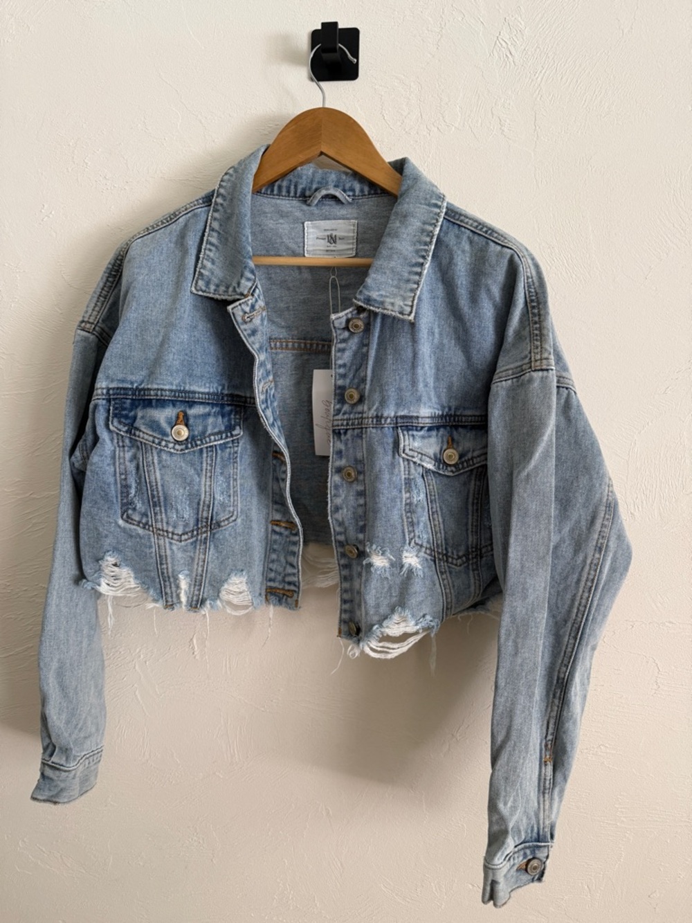 Cropped Distressed Light Blue Denim Jacket - Women